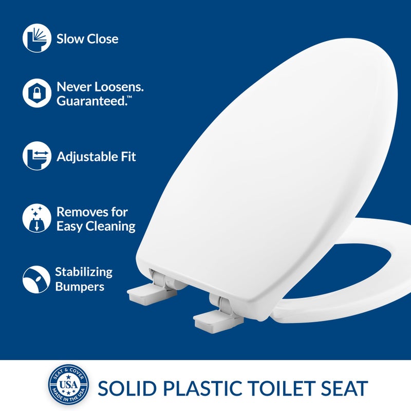 Bemis Aurora Slow Close Toilet Seat, Easy Clean Hinges and Adjustable Perfect Fit Plastic Seat, Made in USA, Elongated, Cotton White - Image 2